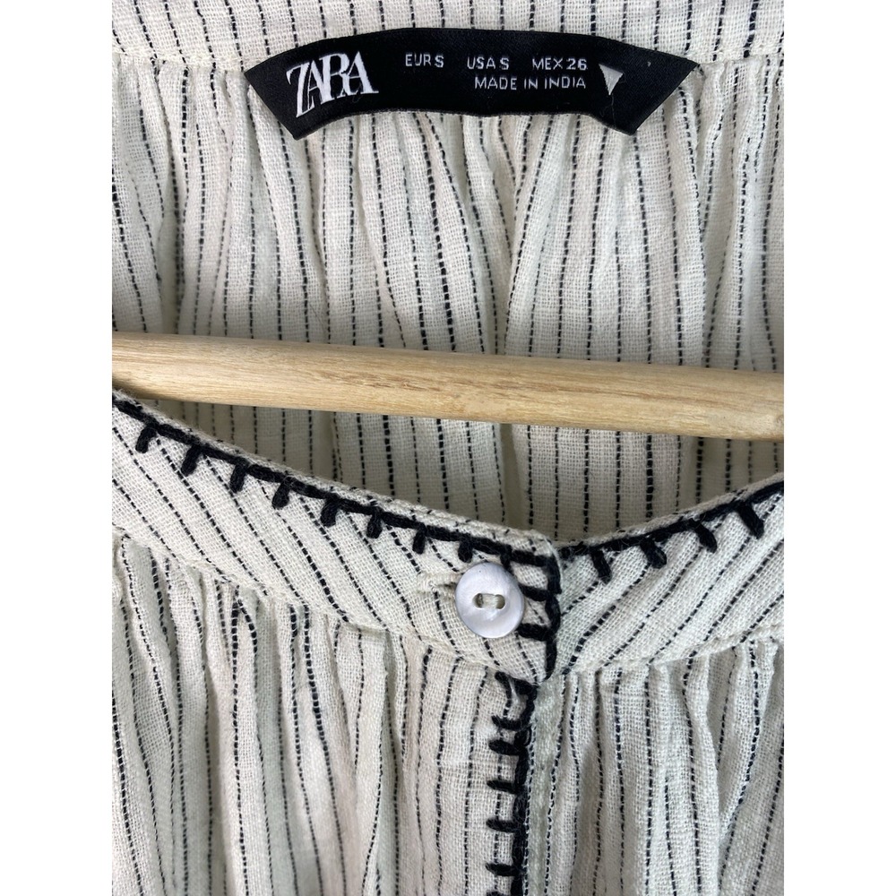Zara Women S Creamy White Black Striped Embroidered Puff Sleeve Button Up Blouse - Picture 3 of 8